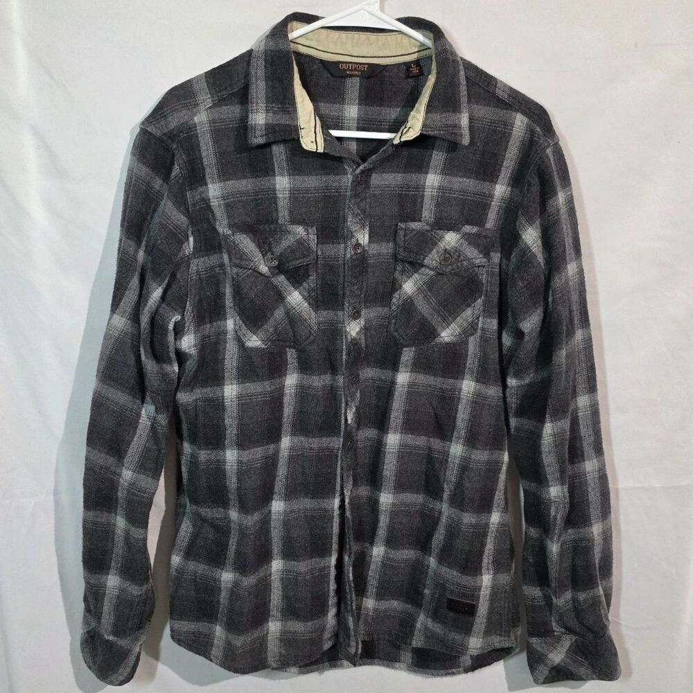 Outpost Makers Flannel Shirt Gray Black Plaid Button-Down Men's Size L